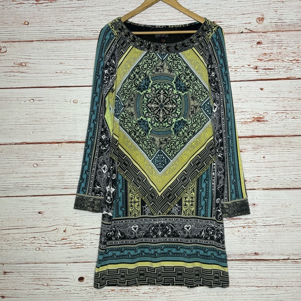 Hale Bob Long Sleeve Baroque Print Jersey Dress Sz M